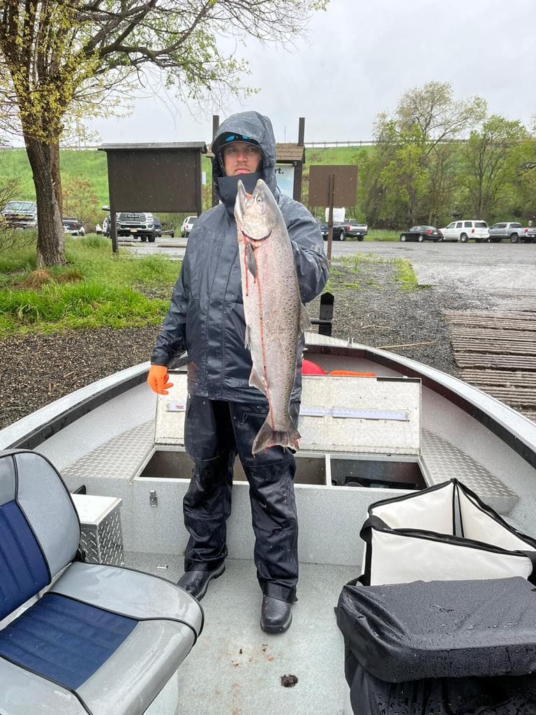 Angler holding chinook salmon in the rain on Columbia River guided trip
